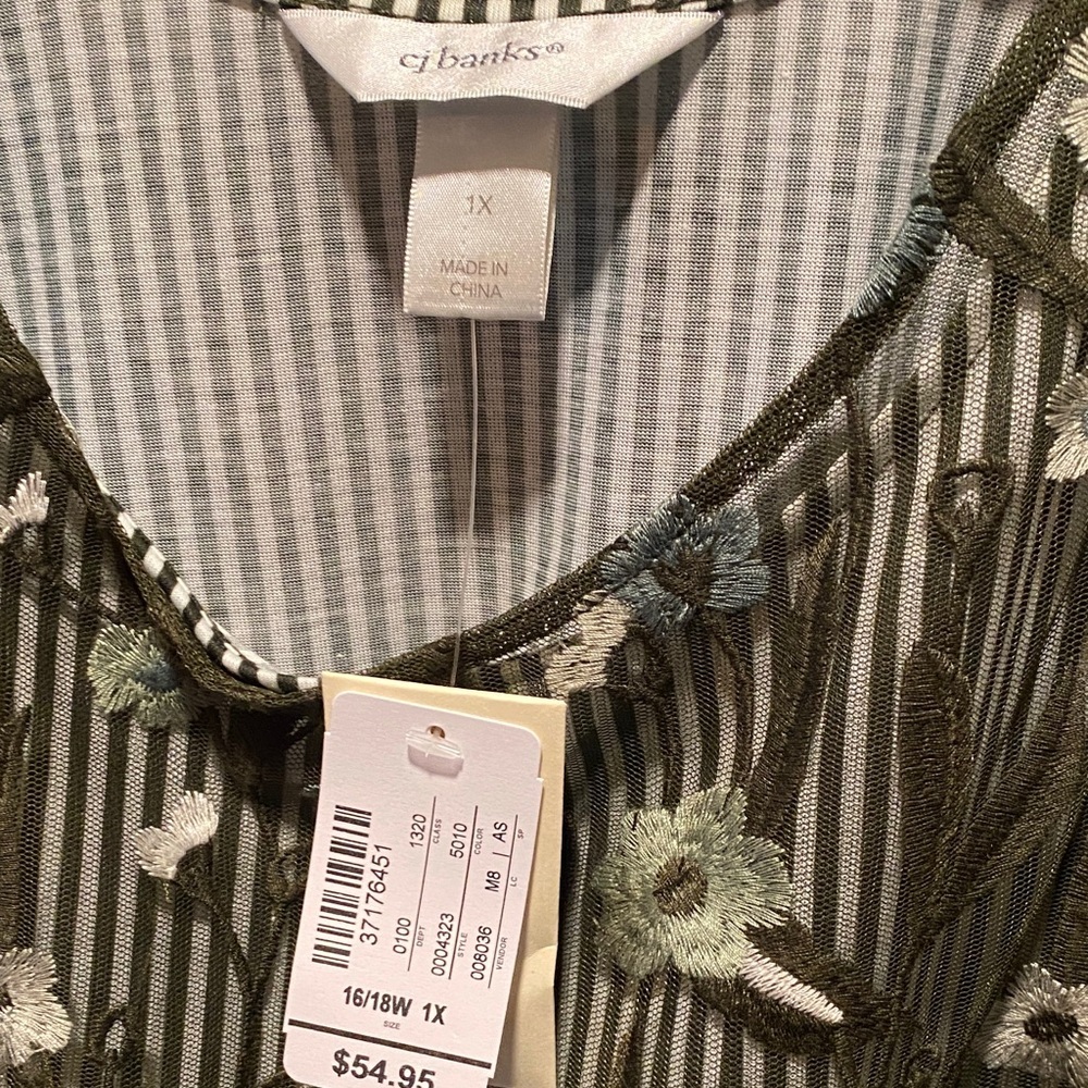 Plus Size Embroidered Sheer Blouse 1X Olive Floral Mesh Top Boho Romantic Layer - Picture 2 of 6